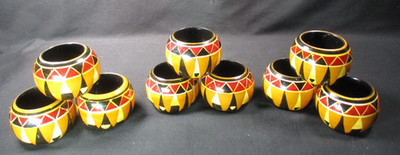 9 Tribal Art Napkin Rings - Painted & Shellacked Wood(?) - Darker Than Pictured