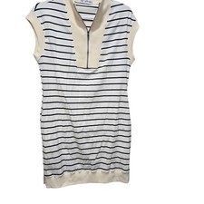 Womens Striped Shirt Dress Medium Cream Black Zip Front Casual
