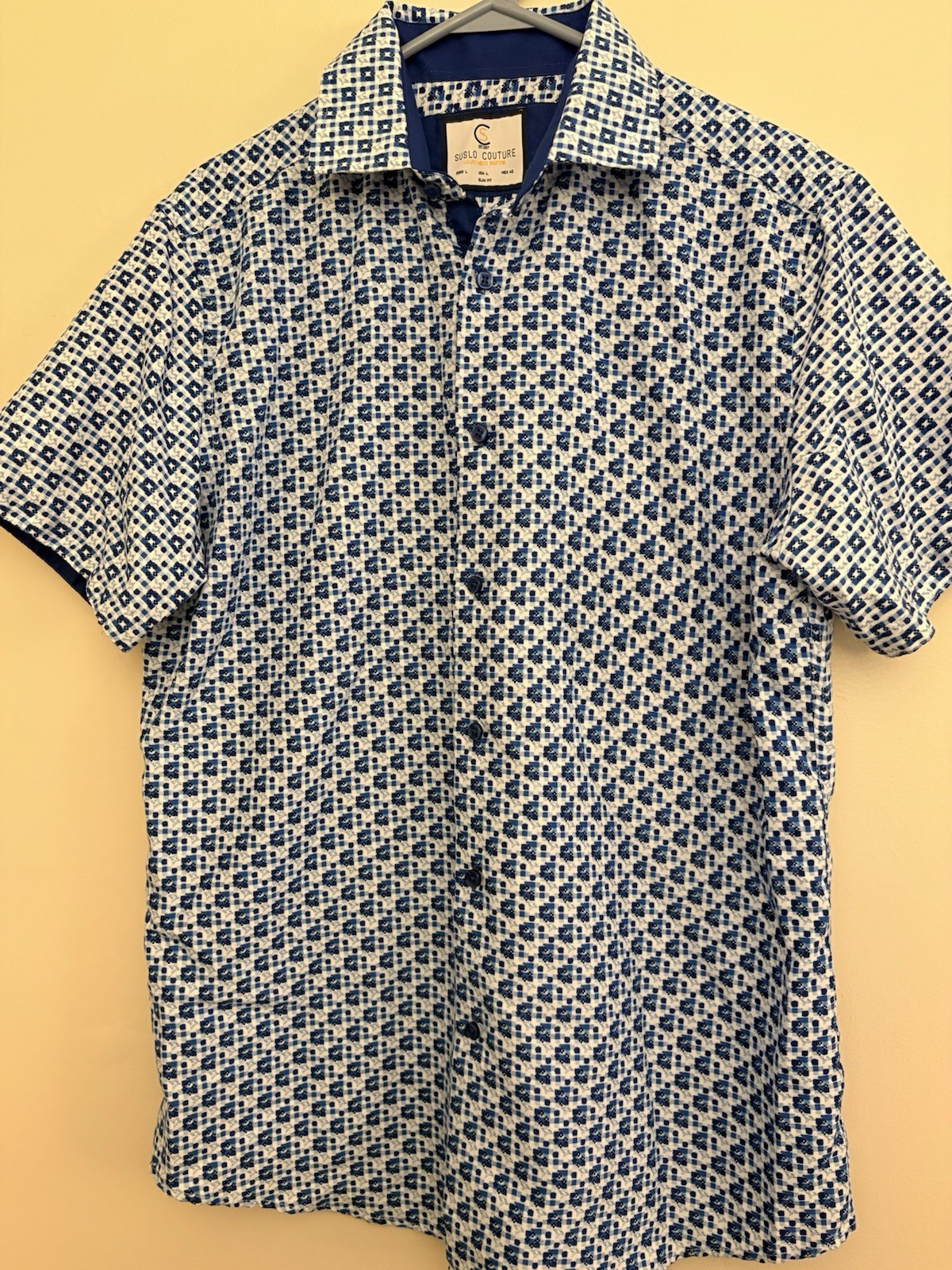 Suslo Couture Men's Short Sleeve Button Up Slim Fit Size L Blue/white Patterned