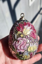 Vintage Cloisonne Egg Enamel Metal Detailed Pink Purple Green Floral 4"