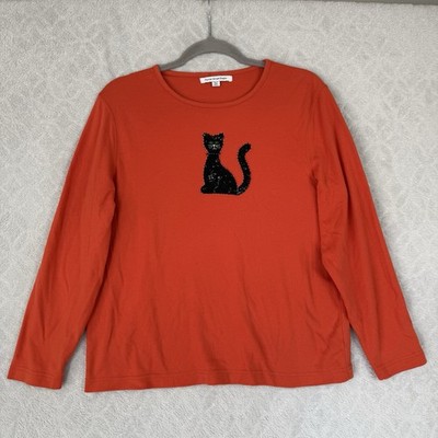 Vtg Halloween Sequin Black Cat Long Sleeve Top XL Petite Orange Kitschy Grandma