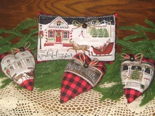 Country Christmas Sleigh Fabric Sign Sitter 3 Hearts Wreath Accents Bowl Fillers