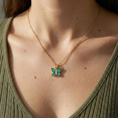Emerald Butterfly Pendant in Yellow Gold Necklace For Sister