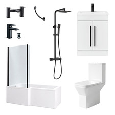 Bathroom Suite Shower Bath Tub LH/RH Black Taps Screen Toilet 600mm White Vanity