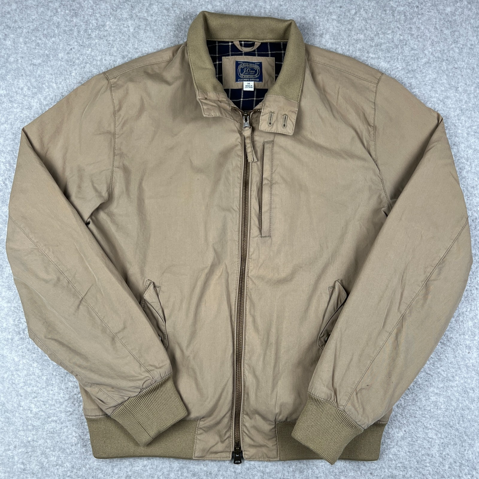 J Crew Harrington Jacket Flannel Plaid Lined Zip Bomber Medium Mens Beige