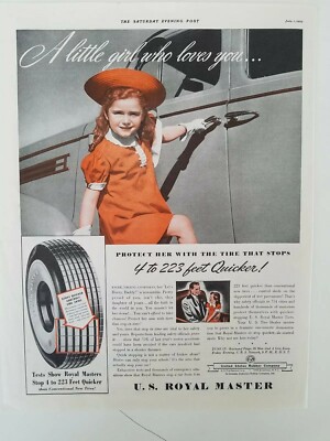 1939 us royal master tires little redhead girl red dress straw hat ad