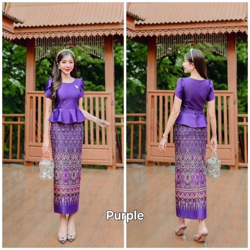 Thai Cotton Dress Traditional Women Skirt Blouse Fashion Printed Long Laos Asian - 第 18/20 張圖片