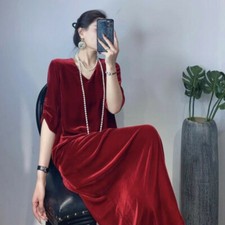 Femme Robe Velours Col V Demi Manche Décontracté Vintage Français Longue Sexy