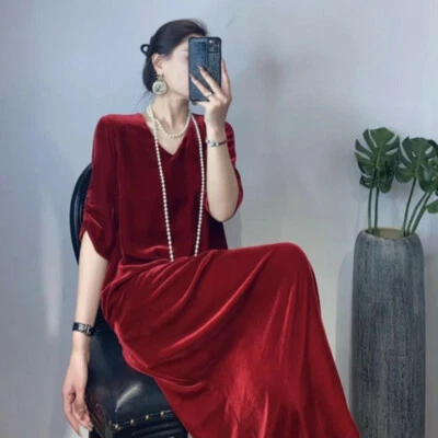 Damen Samt Kleid V-Ausschnitt Kurzärmel Freizeit Vintage Französisch Langes Sexy - Bild 1 von 4