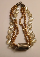 CUSTOM MADE STERLING SILVER, PAINTED PEARLS, CRYSTAL BEADS NECKLACE.