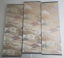 Three 12”x36” Japanese Obi sash pieces glued to canvas art frames wall decor