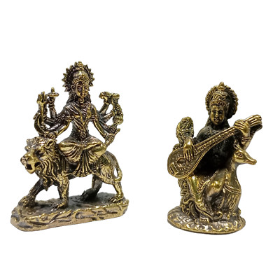 Goddess Durga Saraswati Statues Set 2 Figurines Brass Hinduism Deity Devi