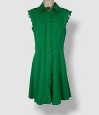 Eliza J Women's Green Scallop Ladder Trim Collared Self-Tie Shirt Dress Size 2