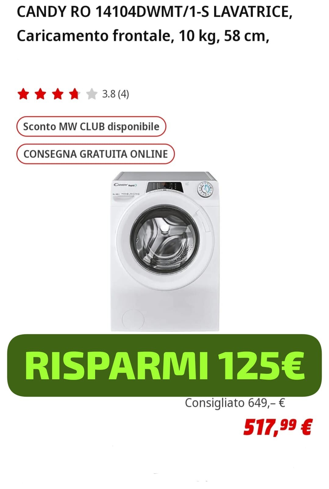 Candy RO 14104DWMT/1-S 10kg Lavatrice a Carica frontale - WIFI SMART VAPORE