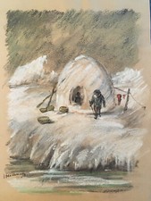Lot 10 Drawing Painting Charcoal By Hal Hermanson Canada Inuit Hunter Wolf Wood