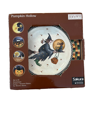 4 Sakura Pumpkin Hallow Salad Plates NIB David Carter Brown Folk Art 8  Dessert