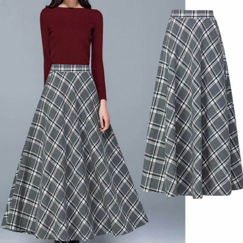 Por adelantado equipaje licencia Lady Check Faux Wool Skirt Tartan A-line Pleated Long Swing High Waist  Skirt New | eBay