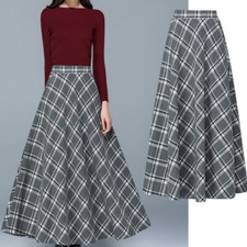 Lady Check Faux Wool Skirt Tartan A-line Pleated Long Swing High Waist Skirt New