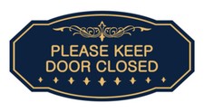 Victorian Please Keep Door Closed Sign Navy Blue/Gold - Small 3" X 6"