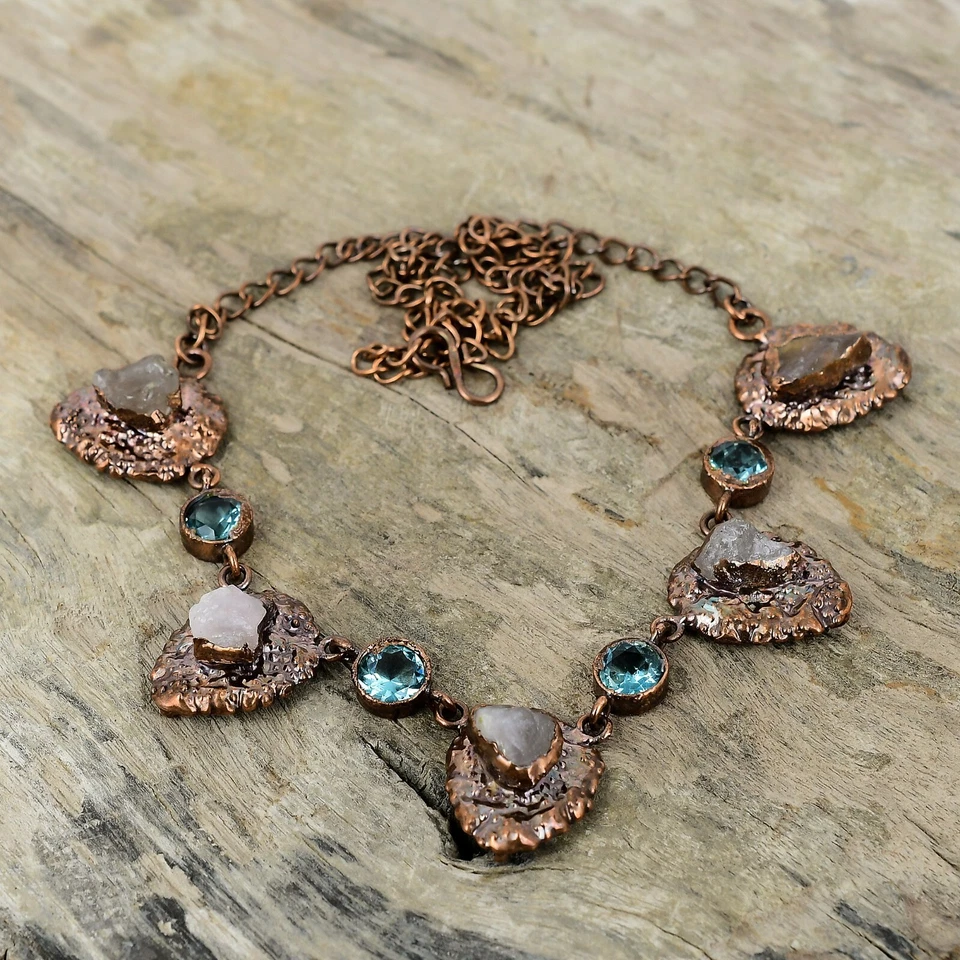 Rose Quartz Rough Copper Gift Electroformed Chain Adjustable Necklace 18.0" - Image 3 of 4