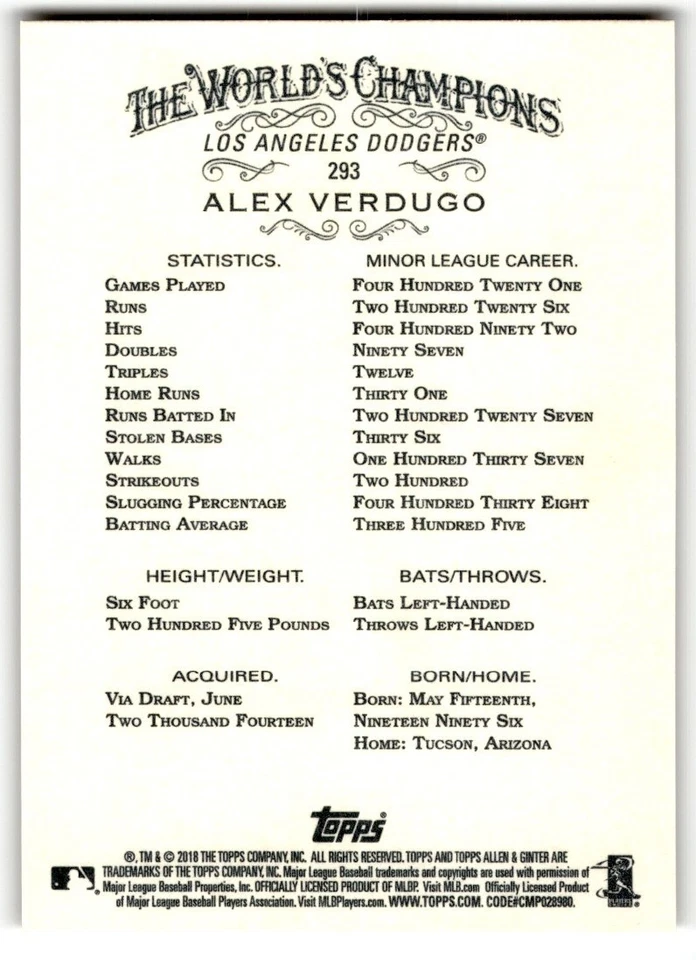 2018 Topps Allen & Ginter Glossy Alex Verdugo /1 #293 Los Angeles Dodgers - Image 2 of 2