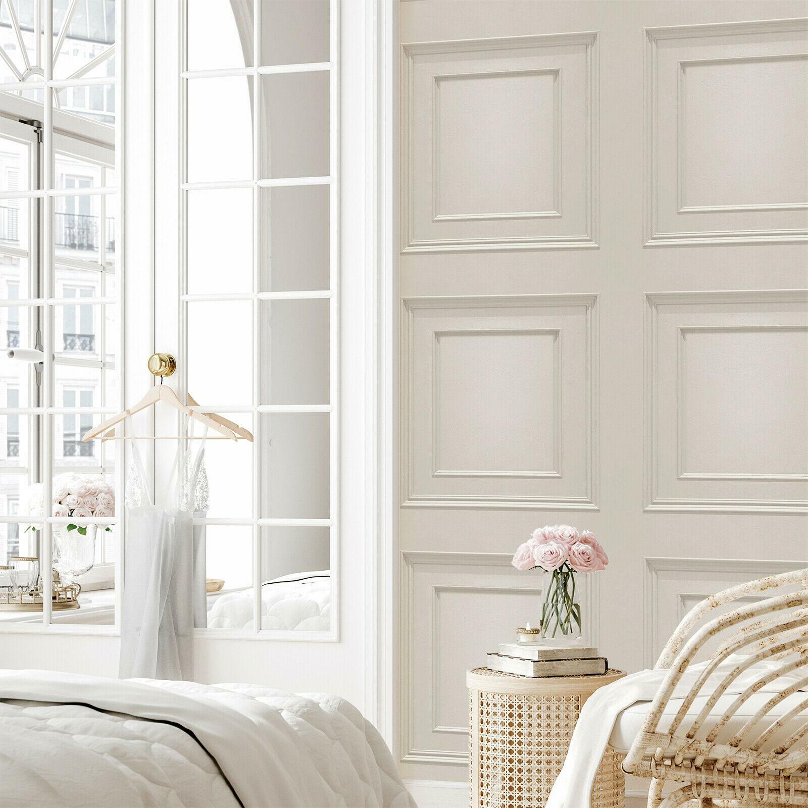 Belgravia Oliana Neutral Cream Wood Panel Effect Coving Featue Wallpaper 8493