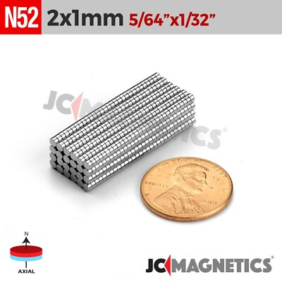 2mm x 1mm 5/64''x1/32'' N52 Strong Rare Earth Neodymium Small Magnet Disc 2x1mm