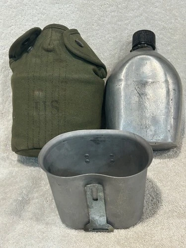US Military WW2 Era Metal Water Canteen with Canvas Pouch and Cup Set 1945