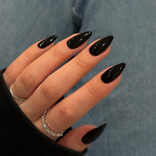 48 Pcs Black Press on Nails Almond Medium Length, Press on Black Nails, Solid Co