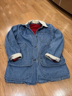 Vintage 80s LL Bean Denim Barn Chore Jacket Coat Womens Size Sm Red Wool Lined - Image 1 of 4