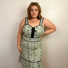 Unique Vintage Midi Dress Womens Large 10-12 Floral Gingham Black Trim Corset