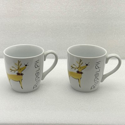 2 Pottery Barn Rudolph Coffee Cup Mug Red Nosed Reindeer Large 16oz Christmas