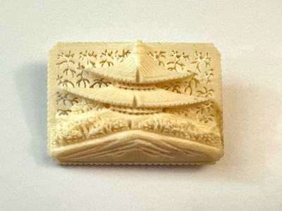 Vintage Carved Pagoda Asian Theme Celluloid Brooch Pin Silver Back Estate