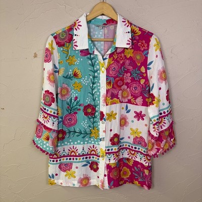 John Mark Floral Patchwork Blouse Women Size Medium Pink Teal Pom Pom Boho Chic