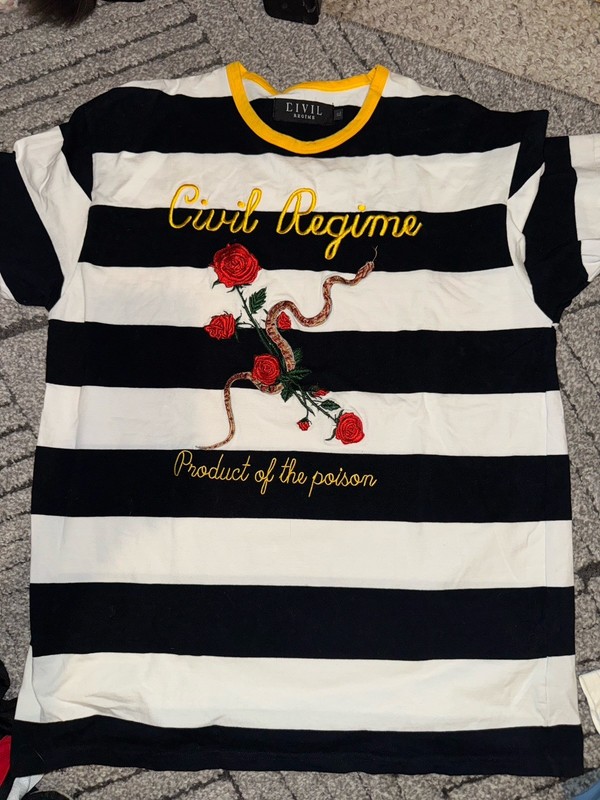Civil Regime black white stripe shirt Embroidered snake & roses Size XL