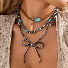 5Pcs Western Women Cowgirl Pearl Bowknot Necklace Bracelet  Jewelry Set Gift