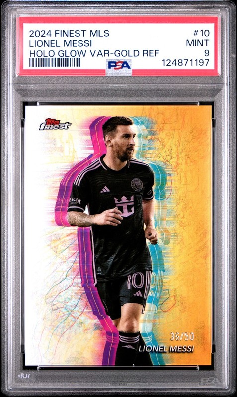 2024 Topps Finest Lionel Messi Gold Refractor Holo Glow Insert # /50 PSA 9