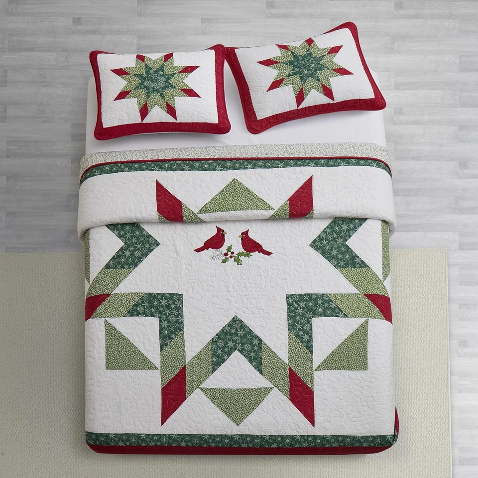 Рождественский комплект постельного белья стеганое одеяло королевский размер 100% хлопок красная птица белая снежинка - Изображение 4 из 4
