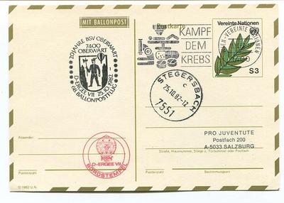 1982 Balloonpost No. 68 Pro Juven. Aerostato D-Ergee VII Oberwart FIGHT THE CANCER