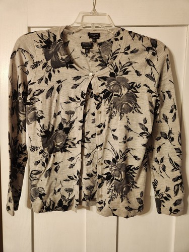 Talbots Women's M&L petites pure merino wool cardigan w/under shirt, grey floral