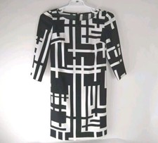 Ann Taylor Shift  Womens  White Black Geometric Print Round Neck Dress Size 2