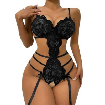 Damen Spitze Jakobsmuschel Dessous Nachtwäsche Unterwäsche Strapse Plus Tanga Set