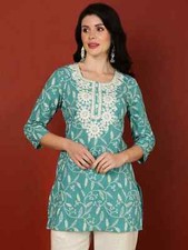 Indian Women Blue Cotton Embroidery Printed Kurta Kurti Top Tunic New Dress