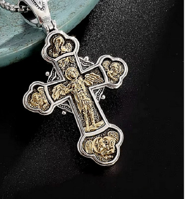 Men Large 3D 2 Side CROSS ANGEL CHRISTIAN Pendant on 22'' 925 Plated Silver Chain