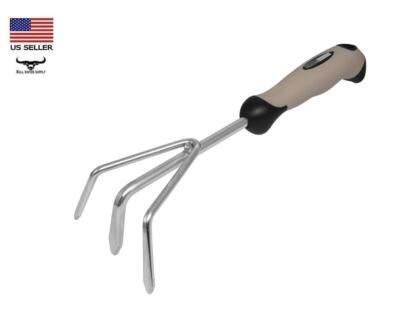 Heavy Duty Stainless Steel 3 Tine Garden Cultivator, Rubber Comfort Grip Handle