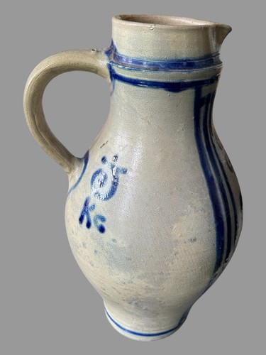 Primitive Antique Country Blue Floral Decorated Stoneware 16" Pitcher - Picture 10 of 12