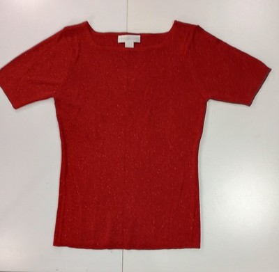 Preston York Red Party Top Size L Gold Metallic Thread Short Sleeve Pullover
