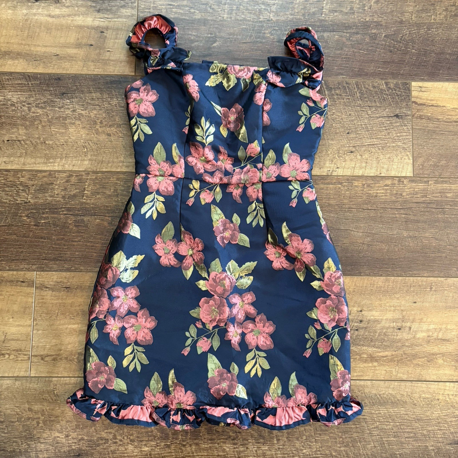 Lulus Pop the Bottle Women’s Navy Blue Floral Jacquard Ruffled Mini Dress XS