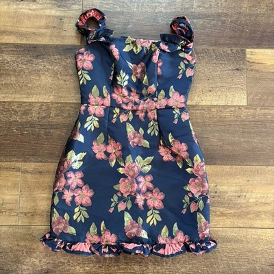 Lulus Pop the Bottle Women s Navy Blue Floral Jacquard Ruffled Mini Dress XS