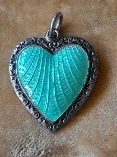 ANTIQUE STERLING SILVER GUILLOCHE ENAMEL HEART PENDANT / CHARM, ADORABLE